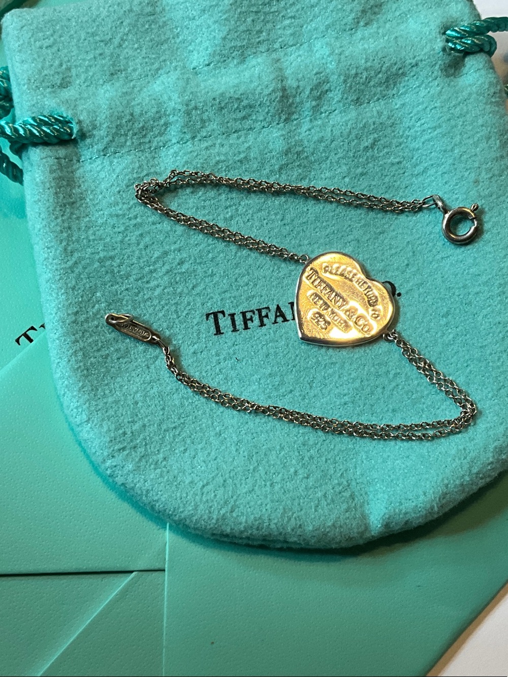 Tiffany & Co. 925 Double Chain Heart Tag Necklace with Turquoise Pouch